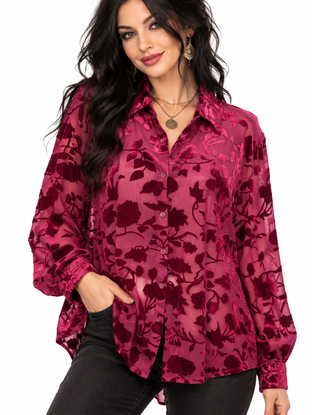 Whimsigoth Romantic Floral Burnout Velvet Button-Down Shirt - Magenta